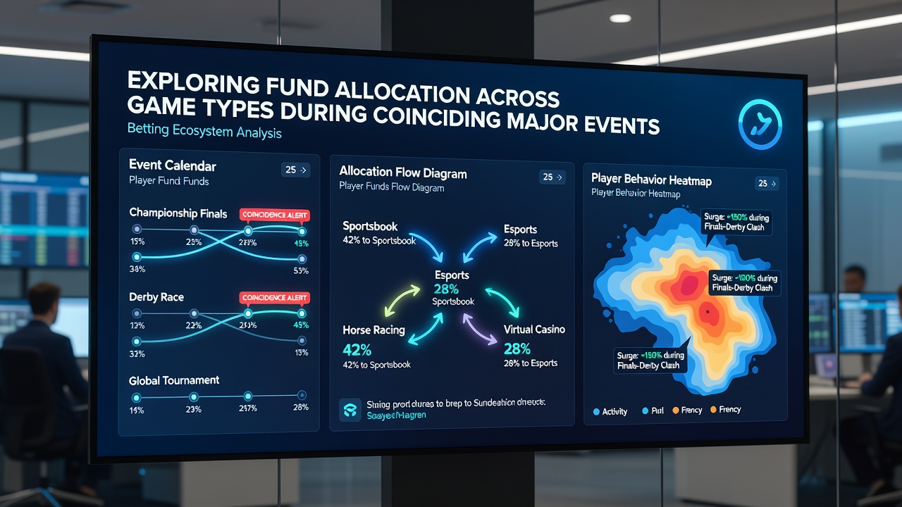 Analytics dashboard displaying fund allocation across sports betting, casino games, and poker during coinciding major events