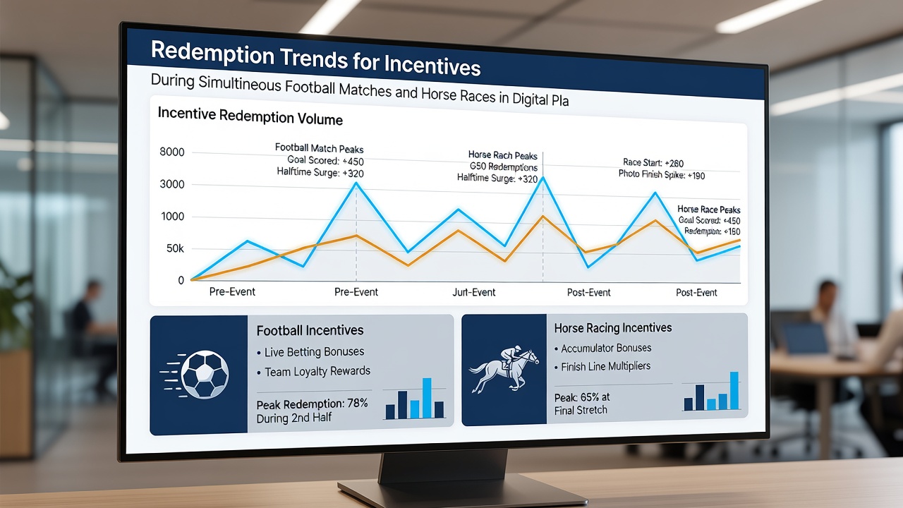 Analytics dashboard displaying redemption rates for incentives across overlapping football and horse racing events